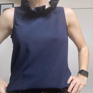 Preppy ruffle neckline sleeveless a-line blouse in navy